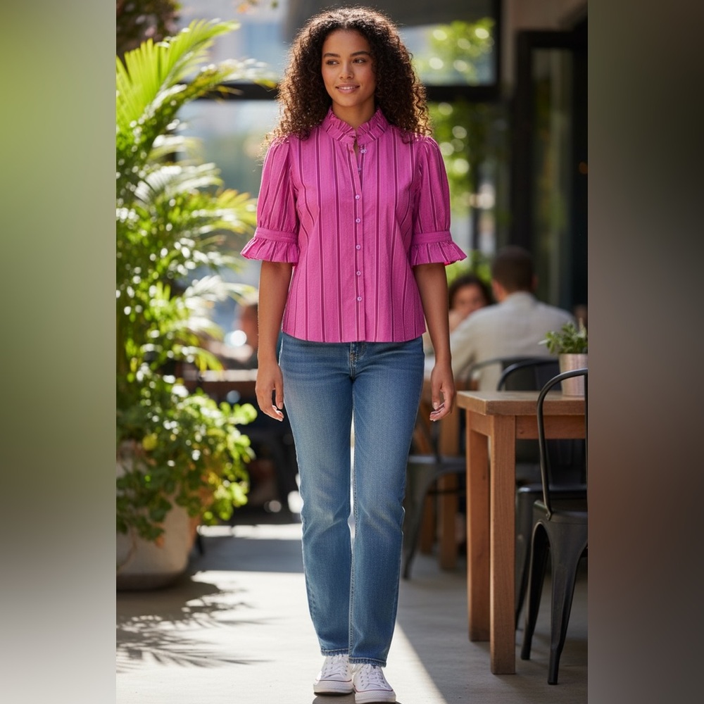 Duffield Lane women’s Marlow Blouse candy pink striped preppy cottage core Lg
